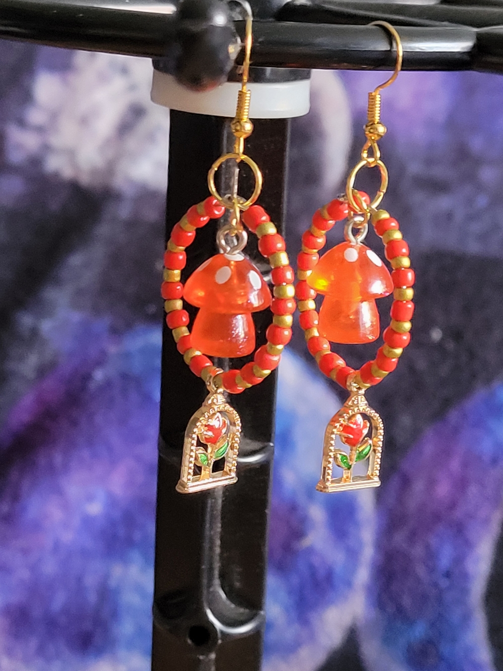 🍁NEW🍁Hand Crafted Red and Gold Mushroom Hoop Earrings